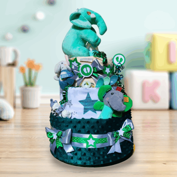 BabyTorta trojposchodová plienková torta pre bábätko zelený SLONÍK (video)
