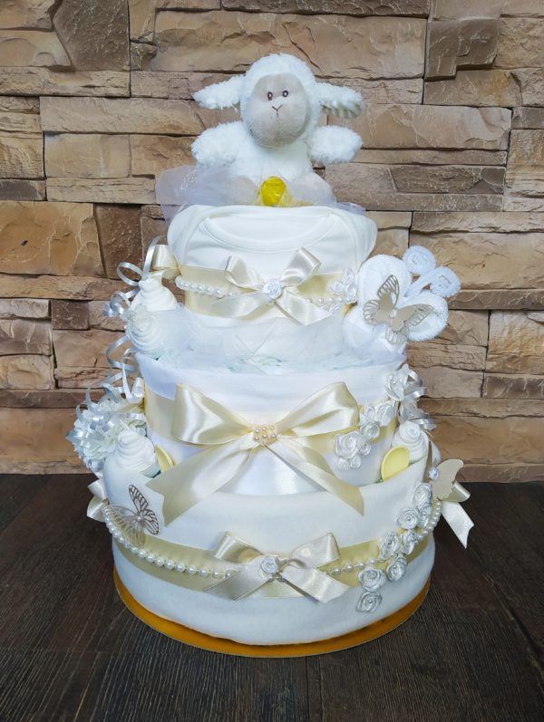 BabyTorta trojposchodová plienková torta bielo krémová pre bábätko krstiny CLASSIC - Image 2