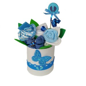 BabyTorta plienková kytice modrá - textilný kvetinový flower box s výbavou pre bábätko