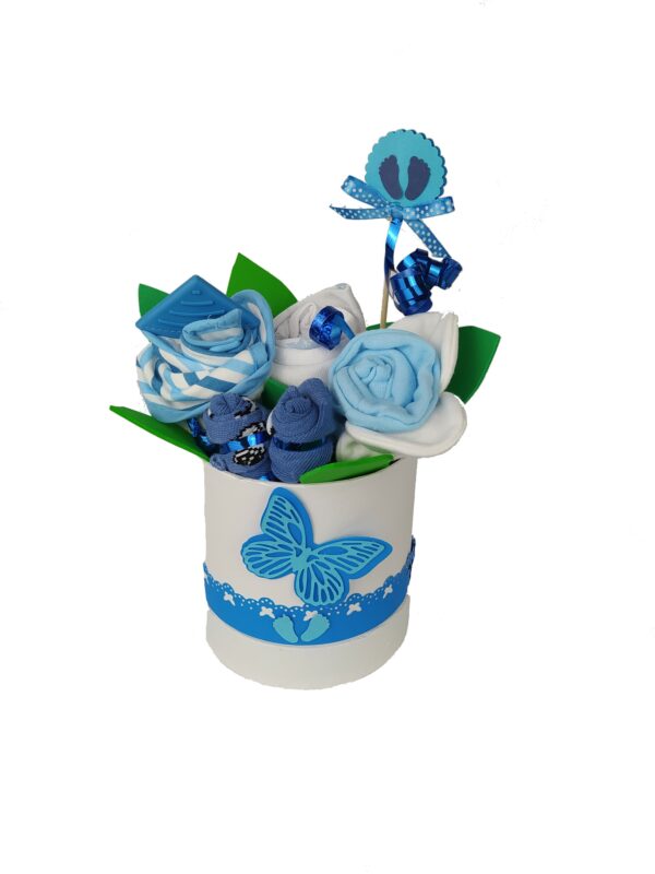 BabyTorta plienková kytice modrá - textilný kvetinový flower box s výbavou pre bábätko