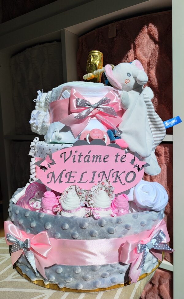 BabyTorta bohata ružová sivá trojposchodová plienková torta pre bábätko PREMIUM - VIDEO - Image 2