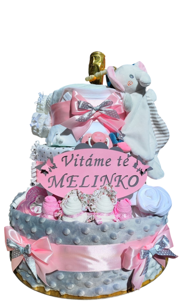 BabyTorta bohata ružová sivá trojposchodová plienková torta pre bábätko PREMIUM - VIDEO - Image 3