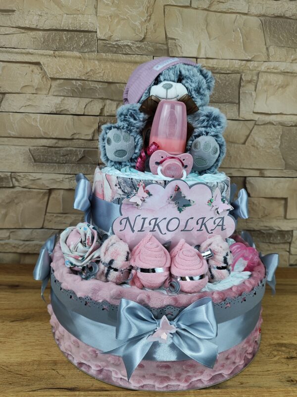 BabyTorta ružova dvojposchodová plienková torta pre bábätko CLASSIC - VIDEO - Image 3