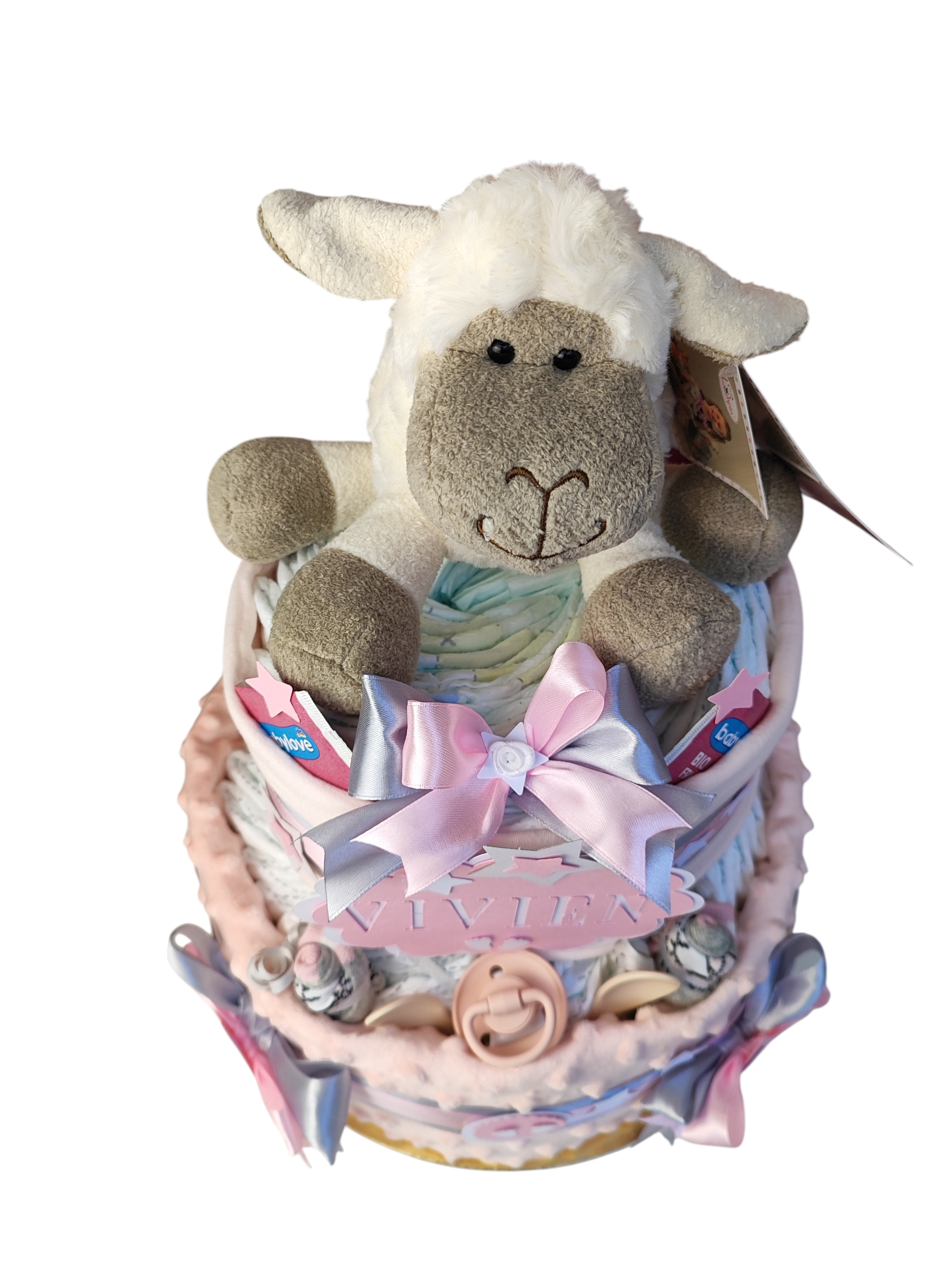 BabyTorta dvojposchodová plienková torta pre bábätko ružova OVEČKA (video) – Obrázok 4