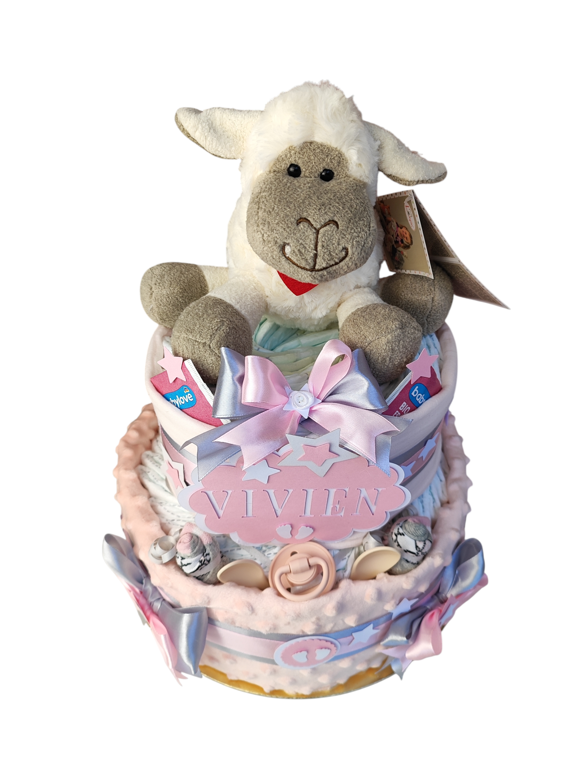 BabyTorta dvojposchodová plienková torta pre bábätko ružova OVEČKA (video) – Obrázok 5