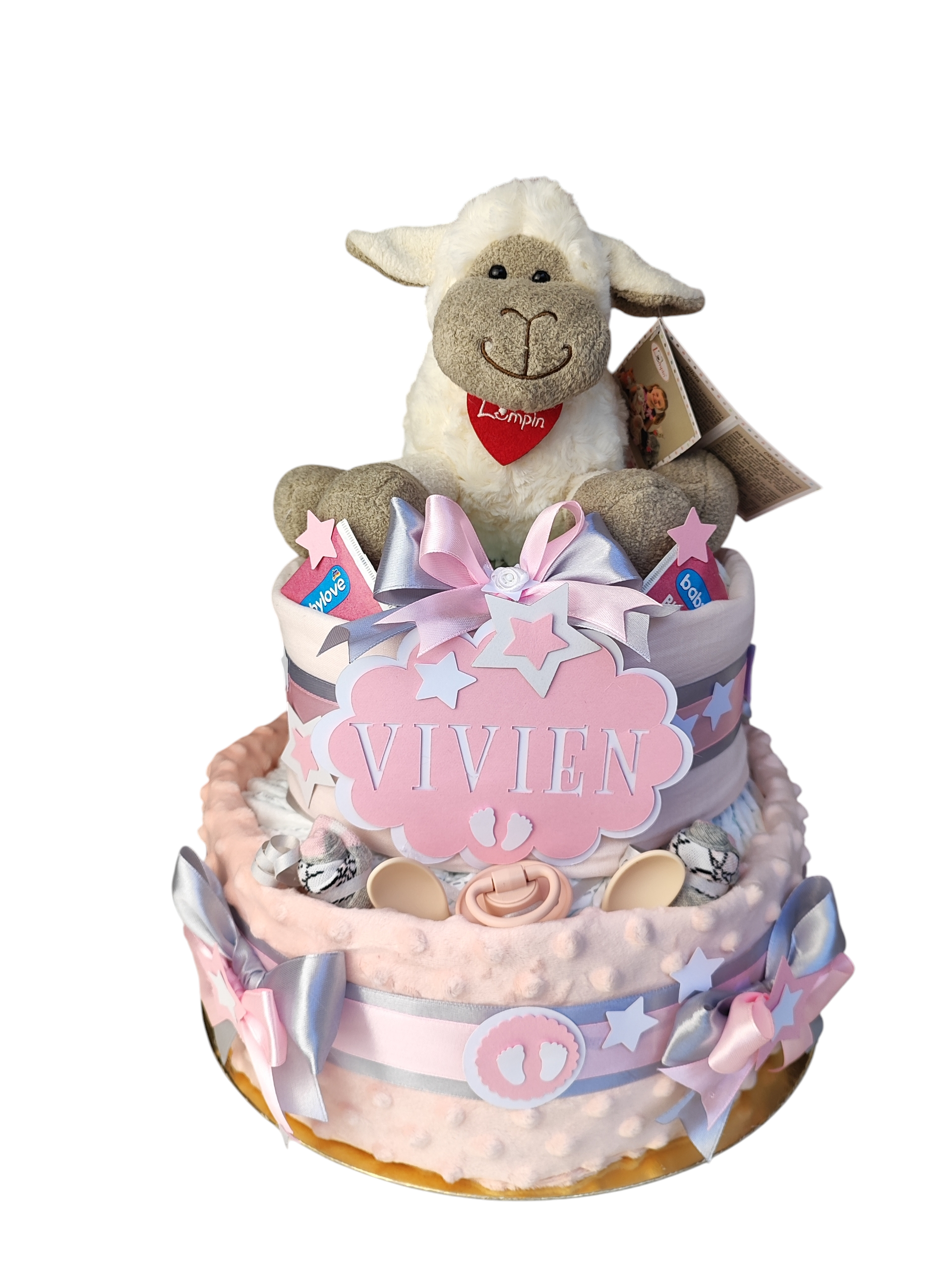 BabyTorta dvojposchodová plienková torta pre bábätko ružova OVEČKA (video) – Obrázok 6