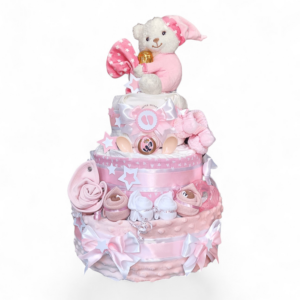BabyTorta plienková torta pre bábätko ružový MEDVEDÍK S HRKÁLKOU (video)